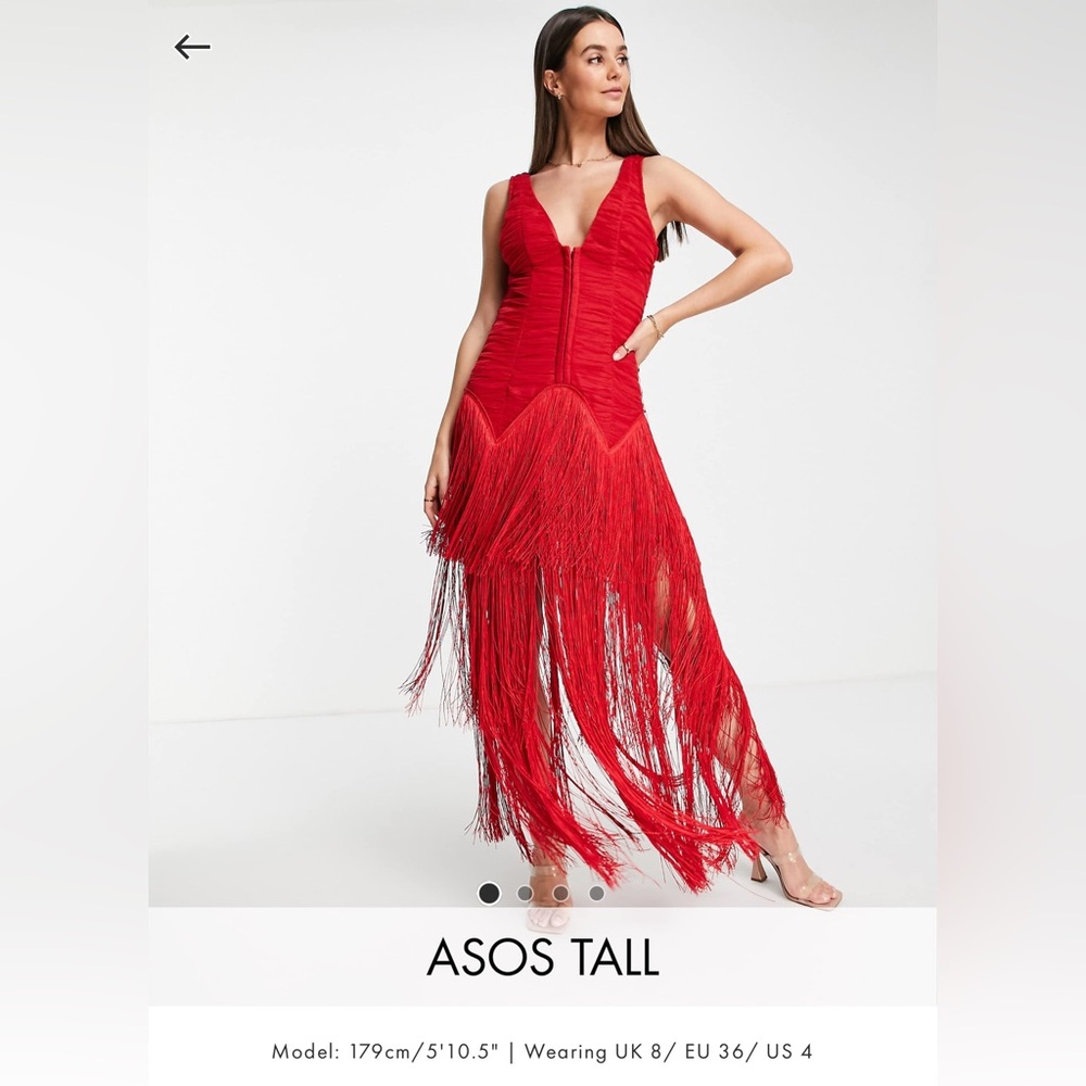 ASOS Design Tall dropped waist corset mesh fringe red midi Dress - size 8 - Picture 2 of 7